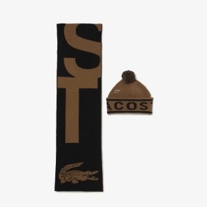 Brown / Black Lacoste Jacquard Knit Beanie And Scarf Gift Set | LMPAYF-984