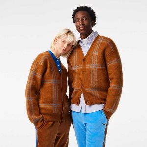 Brown / Blue / Orange Lacoste Tartan Pattern Wool Cardigan | TJNUMV-746