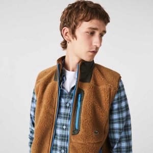 Brown / Khaki Green Lacoste Sherpa Fleece Vest | WSENRQ-872