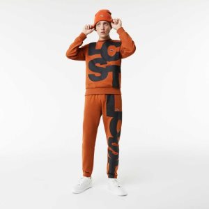 Brown Lacoste Contrast Lettering Cotton Trackpants | HXYGTI-871