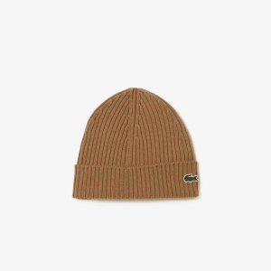 Brown Lacoste Ribbed Wool Beanie | FPOMYD-893