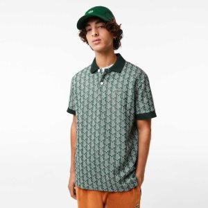 Green / Beige Lacoste Classic Fit Monogram Print Polo | NEKAJP-369