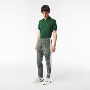 Green / Beige Lacoste Monogram Print Trackpants | PAZXEC-897