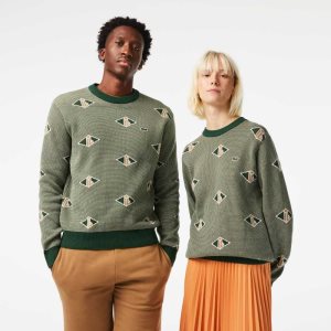 Green / Beige / White Lacoste Classic Fit Monogram Pattern Sweater | WNJFUY-730