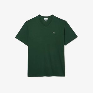 Green Lacoste Big Fit V-Neck Jersey T-Shirt | MHQKXJ-908