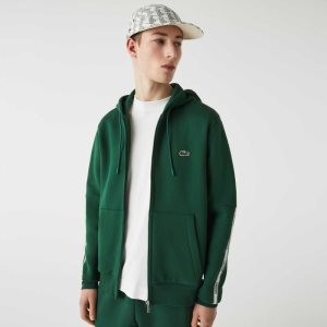 Green Lacoste Branded Bands Zippered Fleece Hoodie | ZNIAKU-371