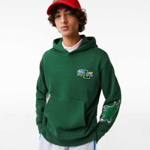 Green Lacoste Comic Effect Print Hooded Sweatshirt | VJSLXO-351