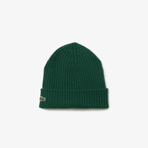 Green Lacoste Ribbed Wool Beanie | EWUNKQ-285