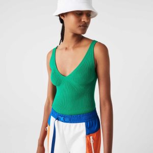 Green Lacoste Seamless Ribbed Knit Tank Top | VTBDWC-719