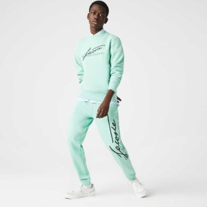 Green Lacoste Signature And Crocodile Print Cotton Fleece Jogging Pants | QHNXES-416