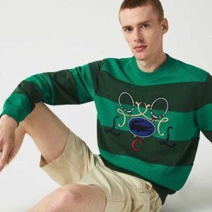 Green Lacoste Tennis Design Crew Neck Striped Cotton Fleece Sweatshirt | QFPURM-294