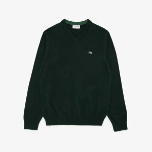 Green Lacoste V-Neck Cotton Sweater | DNMIFW-205