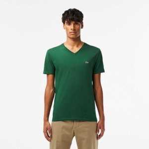 Green Lacoste V-Neck Pima Cotton Jersey T-Shirt | QCTZDE-976