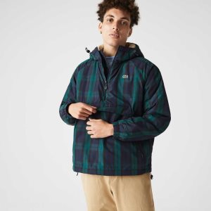 Green / Navy Blue / Black Lacoste Checkered Quilted Pullover Windbreaker | VNBALD-540