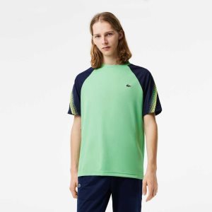 Green / Navy Blue Lacoste SPORT Regular Fit Logo Stripe T-Shirt | VGFNEB-130