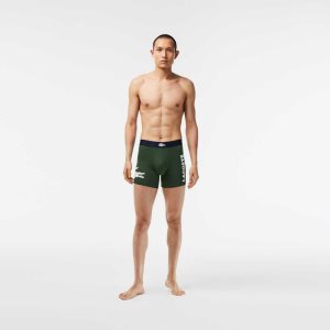 Green / Navy Blue / White Lacoste Crocodile Waist Long Stretch Cotton Boxer Brief 3-Pack | WTVXAS-619