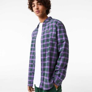 Green / Purple / Beige Lacoste Regular Fit Check Print Flannel Shirt | FKCEUO-392