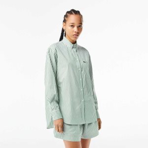 Green / White Lacoste Striped Cotton Poplin Shirt | TRPIKW-471