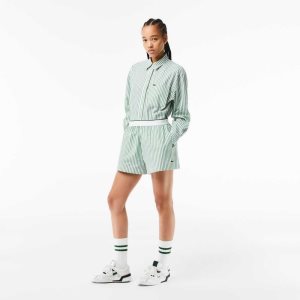 Green / White Lacoste Striped Cotton Poplin Shorts | ULFMDI-146