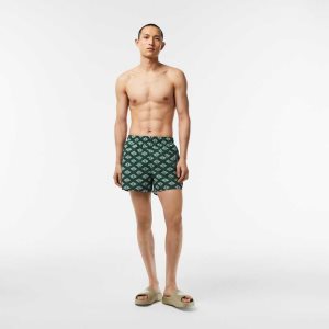 Green / White Lacoste Two-Tone Monogram Print Swim Trunks | IGLPYV-218