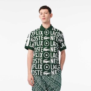 Green / White Lacoste x Netflix Loose Fit Organic Cotton Print Polo | LKIOWG-071