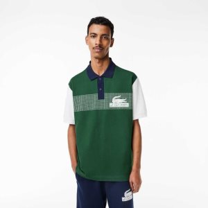 Green / White / Navy Blue Lacoste Loose Fit Organic Cotton Polo | YBJQRM-546