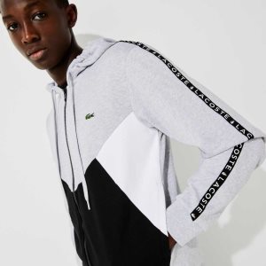 Grey Chine / Black / White Lacoste Hooded Colorblock Lettered Fleece Zip Sweatshirt | NXBCKD-196