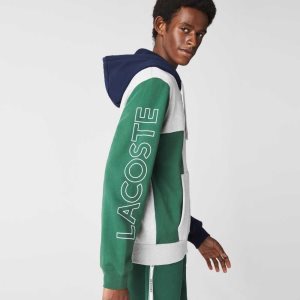 Grey Chine / Green / Navy Blue / Blue Lacoste Colorblock Zippered Fleece Hoodie | HCBDXV-685