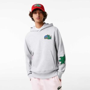 Grey Chine Lacoste Comic Effect Print Hooded Sweatshirt | RGFNDA-732