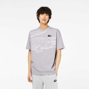 Grey Chine Lacoste Crew Neck Loose Fit Crocodile Print T-Shirt | EJGLAY-138