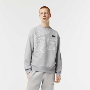 Grey Chine Lacoste Crew Neck Loose Fit Croc Print Sweatshirt | VMSPYQ-421