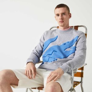 Grey Chine Lacoste Crew Neck Print Organic Cotton Fleece Sweatshirt | KDTPGR-137