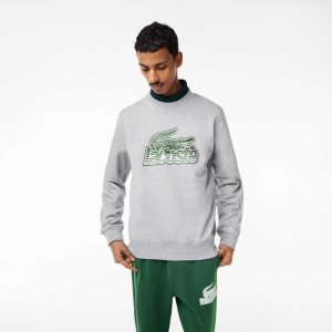 Grey Chine Lacoste Crew Neck Unbrushed Fleece Sweatshirt | QUWZAR-820