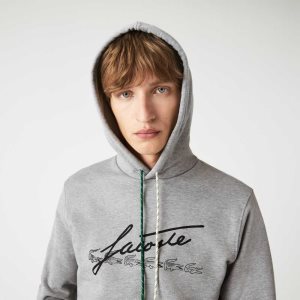 Grey Chine Lacoste Signature Flecked Cotton Fleece Hoodie | IWVRPN-149