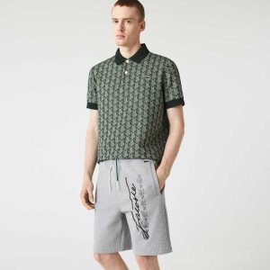 Grey Chine Lacoste Signature Print Cotton Fleece Shorts | OINPTL-189