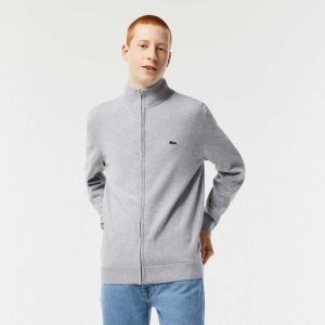 Grey Chine Lacoste Stand-Up Collar Organic Cotton Zippered Sweater | FLNAYP-562