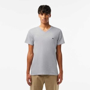 Grey Chine Lacoste V-Neck Pima Cotton Jersey T-Shirt | NFPYLJ-473