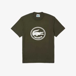 Khaki Green Lacoste Crew Neck 3D Printed logo Cotton T-Shirt | WGAUZC-415