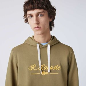 Khaki Green Lacoste Embroidered Lettering Hooded Cotton Fleece Sweatshirt | WBCSFH-639