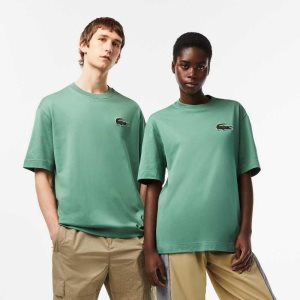 Khaki Green Lacoste Loose Fit Large Crocodile Organic Cotton T-Shirt | AOXSRF-697