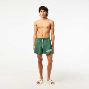 Khaki Green Lacoste Quick-Dry Swim Trunks with Integrated Lining | OEBWAT-314