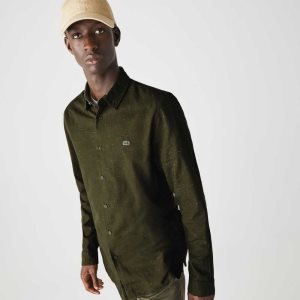 Khaki Green / White Lacoste Slim Fit Flamed Cotton Shirt | DEVMCX-962