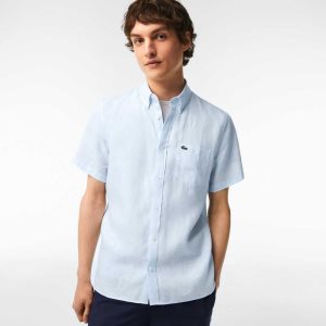 Light Blue Lacoste Short Sleeve Linen Shirt | NJKRMX-708