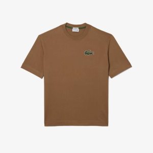 Light Brown Lacoste Loose Fit Large Crocodile Organic Cotton T-Shirt | QWZMDA-974