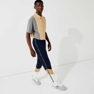 Navy Blue / Beige / White Lacoste Signature Striped Colorblock Fleece Jogging Pants | QKJRHL-943