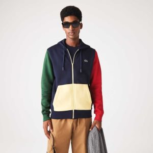 Navy Blue / Green / Red / Yellow Lacoste Classic Fit Color-Block Hooded Zip Sweatshirt | XYBULO-074