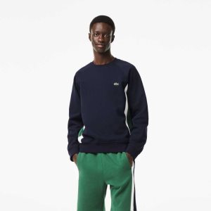 Navy Blue / Green / White Lacoste Brushed Fleece Colorblock Sweatshirt | JBDQOW-710