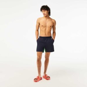 Navy Blue / Green / White Lacoste Recycled Polyamide Colorblock Swim Trunks | ZKDVAR-041