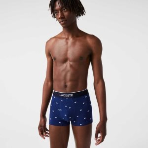 Navy Blue / Grey Chine / Red Lacoste Casual Signature Boxer Trunks 3-Pack | UGCZAQ-892