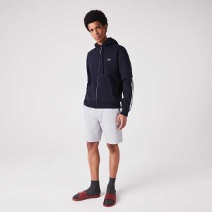 Navy Blue Lacoste Branded Bands Zippered Fleece Hoodie | RCAVEH-651